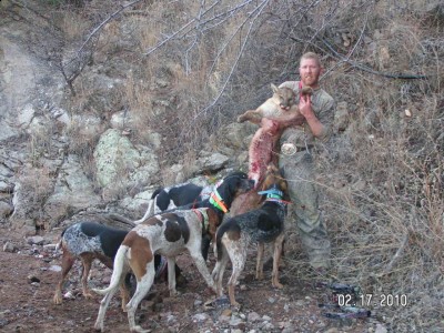 Photo of lion and some of my dogs.  This was David's first lion, and he was some excited.  Taken with bow and a good kill made.  David is good size and all he could do to hold up in embrace.
